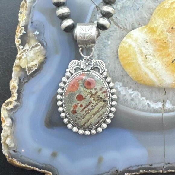 Sterling Southwestern Style Oval Peanut Obsidian Decorated Pendant For Women - Picture 2 of 10